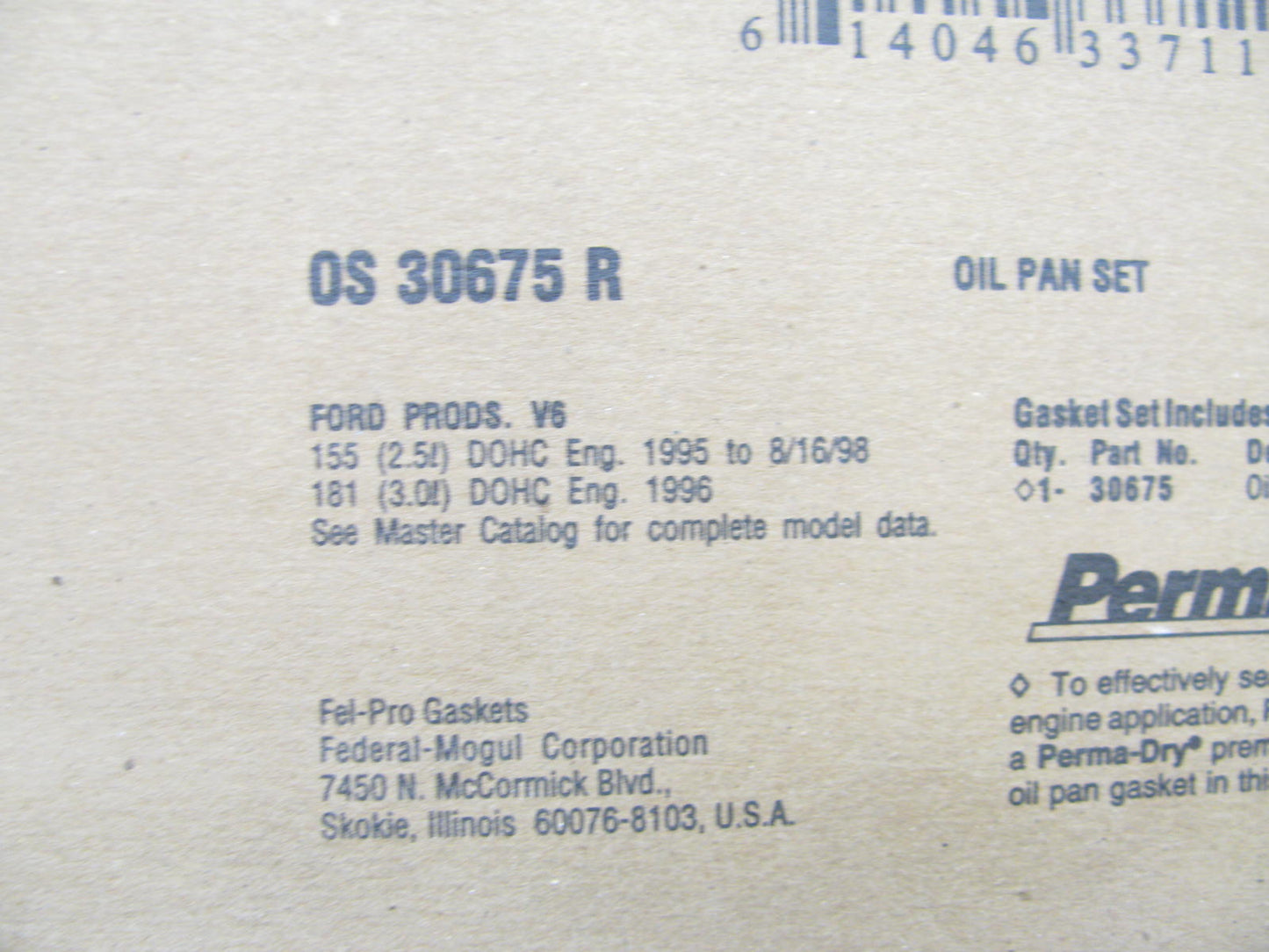 Fel-pro OS30675R Engine Oil Pan Gasket For 1995-2000 Ford 2.5L 3.0L V6