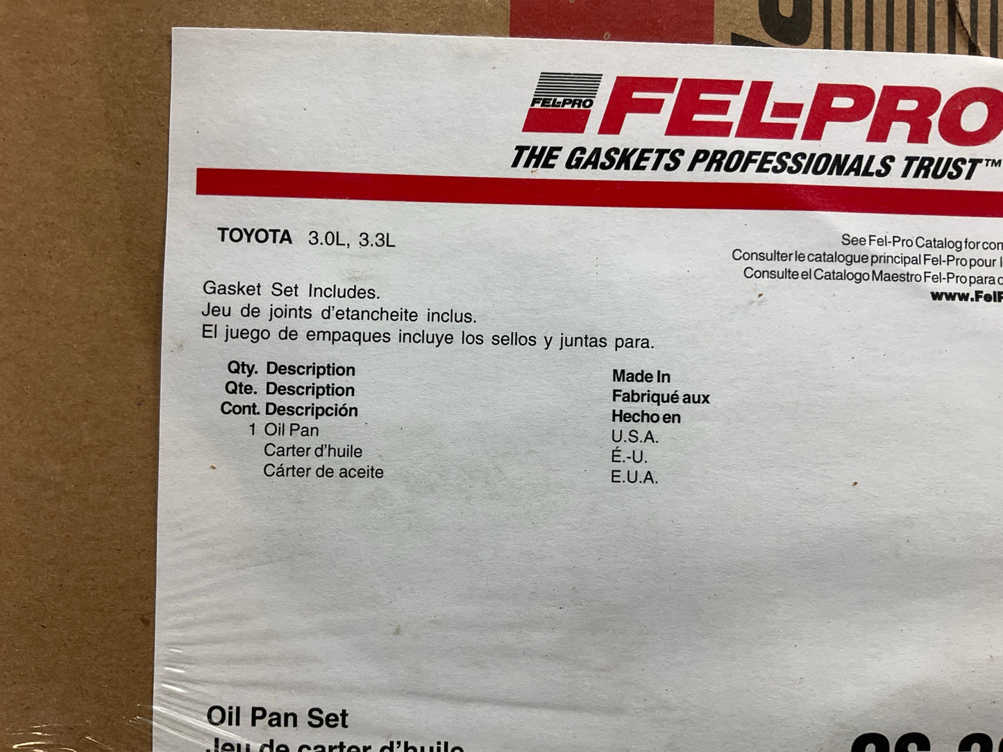 Fel-Pro OS30681C LOWER Engine Oil Pan Gasket 94-10 Toyota Lexus 3.0 3.3L V6 DOHC