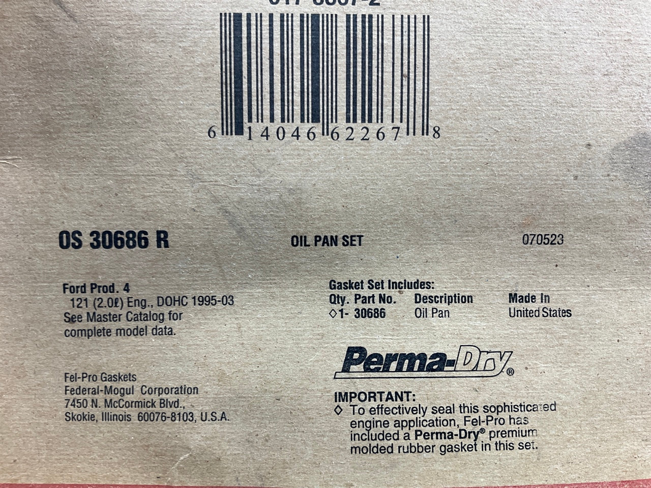 Fel-pro OS30686R Engine Oil Pan Gasket 1998-2003 Ford Escort 2.0L