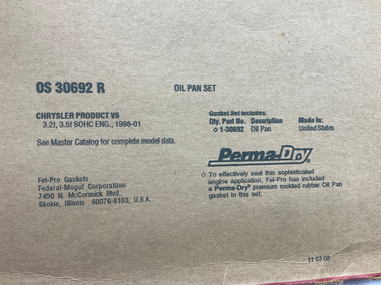 Fel-Pro OS30692R Engine Oil Pan Gasket For 1998-2004 Dodge 3.2L 3.5L V6 SOHC