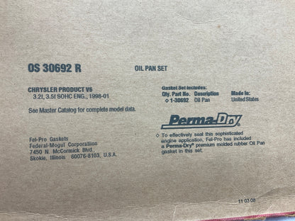 Fel-Pro OS30692R Engine Oil Pan Gasket For 1998-2004 Dodge 3.2L 3.5L V6 SOHC