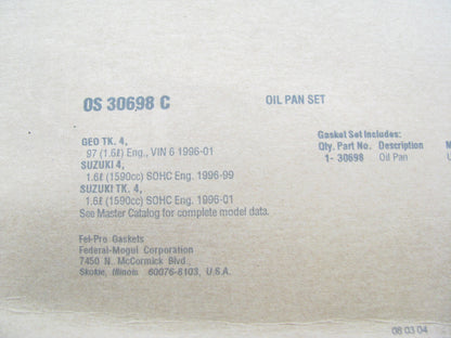 Fel-pro OS30698C Engine Oil Pan Gasket 96-97 Geo, Pontiac, Suzuki 1.6L