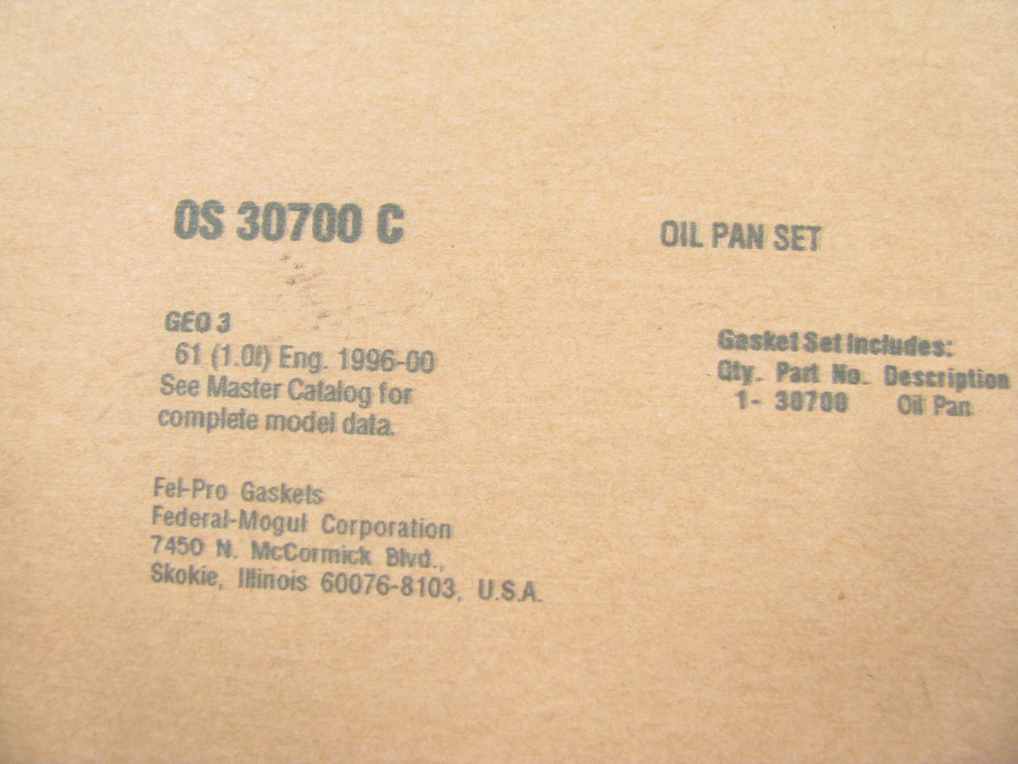 Fel-pro OS30700C Oil Pan Gasket - 1996-2000 Geo Metro, Firefly 1.0L 3-CYL.