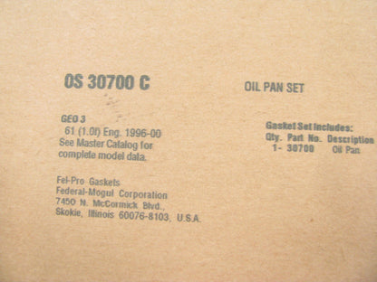 Fel-pro OS30700C Oil Pan Gasket - 1996-2000 Geo Metro, Firefly 1.0L 3-CYL.