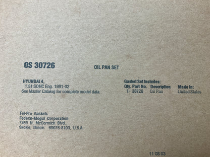 Fel-pro OS30726 Engine Oil Pan Gasket OEM For 1993-2005 Hyundai 1.5L 1.6L I4