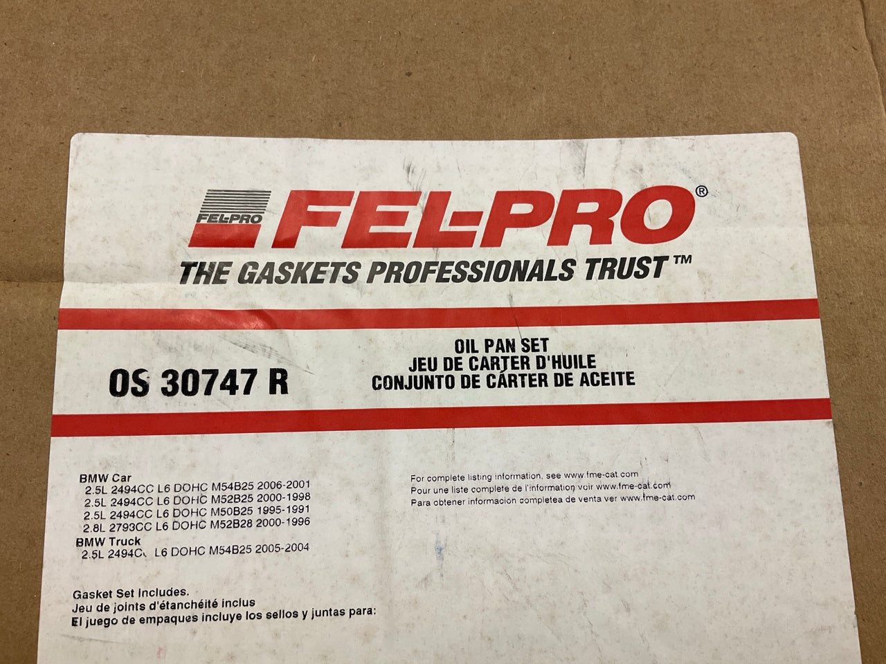 Fel-pro OS30747R Engine Oil Pan Gasket 1991-2006 BMW 2.5L 2.8L 3.0L