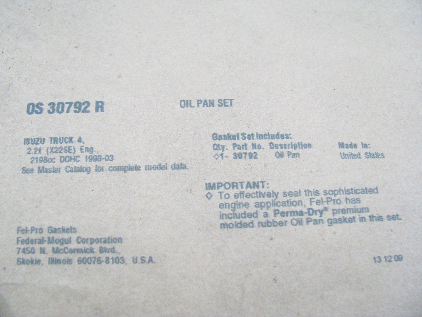 Fel-pro OS30792R Engine Oil Pan Lower Gasket 1998-03 Isuzu Amigo Rodeo 2.2L