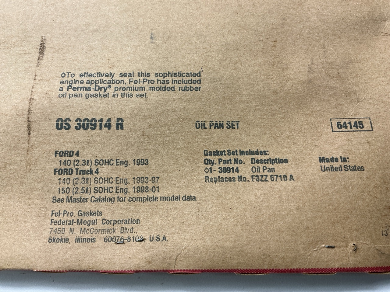 Fel-Pro OS30914R Engine Oil Pan Gasket 1993-97 Ford Mazda 2.3L-L4 SOHC