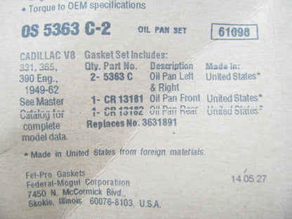 Fel-Pro OS5363C-2 Engine Oil Pan Gasket Set For 1949-12 Cadillac 331 365 390-V8