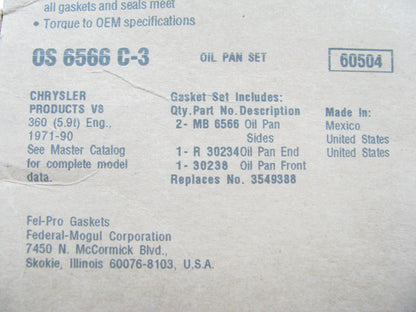 Fel-pro OS6566C-3 Engine Oil Pan Gasket Set For 1971-1990 Dodge 360 5.9L V8