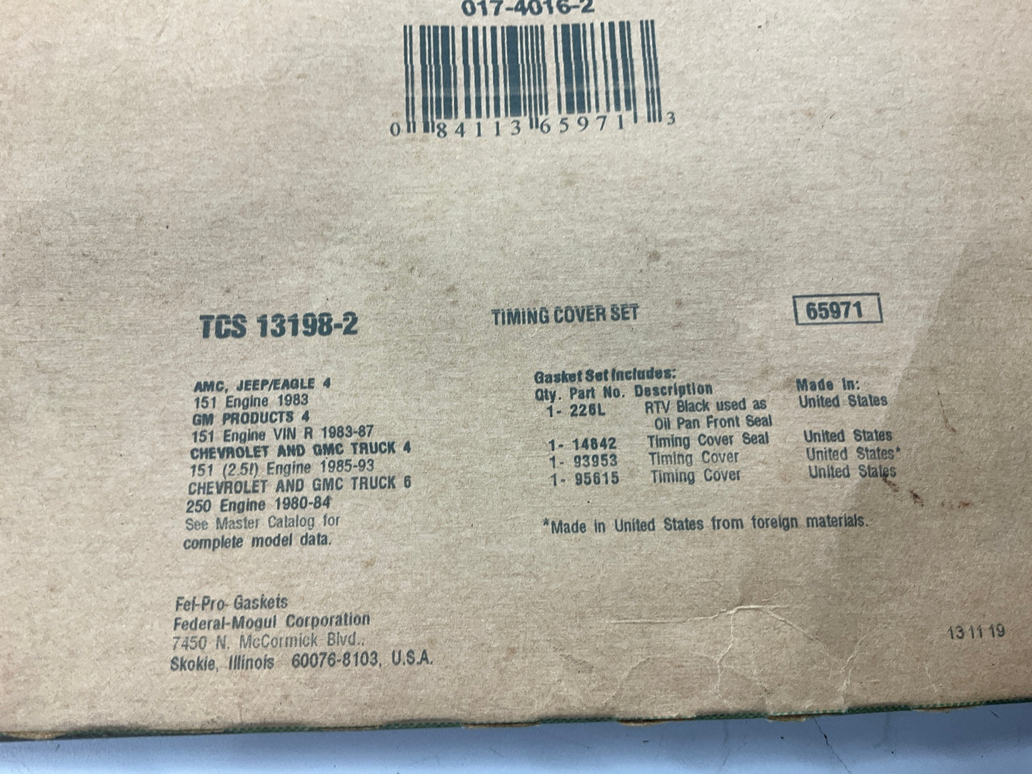 Fel-pro TCS13198-2 Timing Cover Gasket Set For 1983-1993 Jeep AMC GM 2.5L-L4