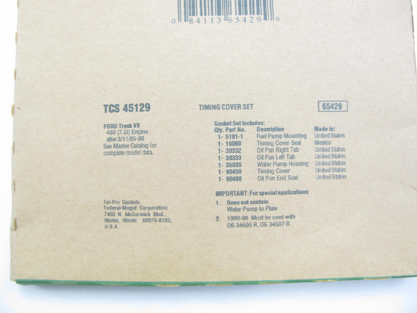 FEL-PRO TCS45129 Engine Timing Cover Gasket Set - 1973-1997 Ford 460 V8