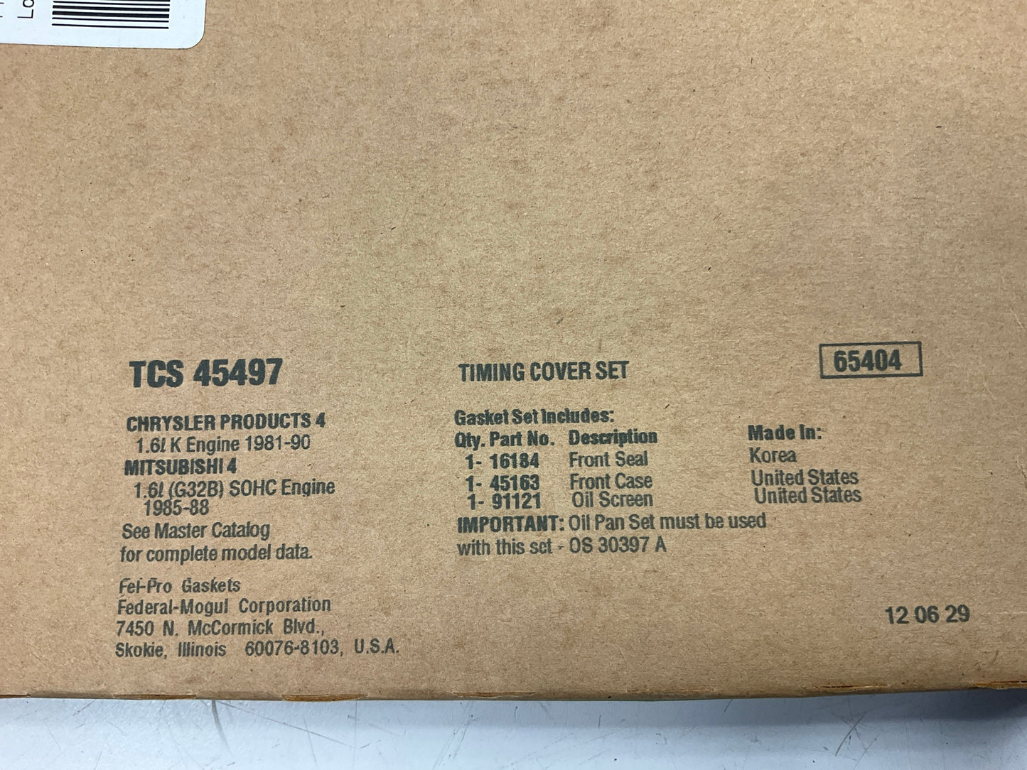 Fel-Pro TCS45497 Timing Cover Gasket Set For 1981-1990 Plymouth 1.6L-L4