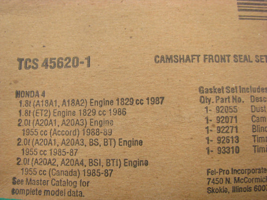 FEL-PRO TCS45620-1 Front Camshaft Seal Set 86-89 Accord 85-87 Prelude 1.8L 2.0L