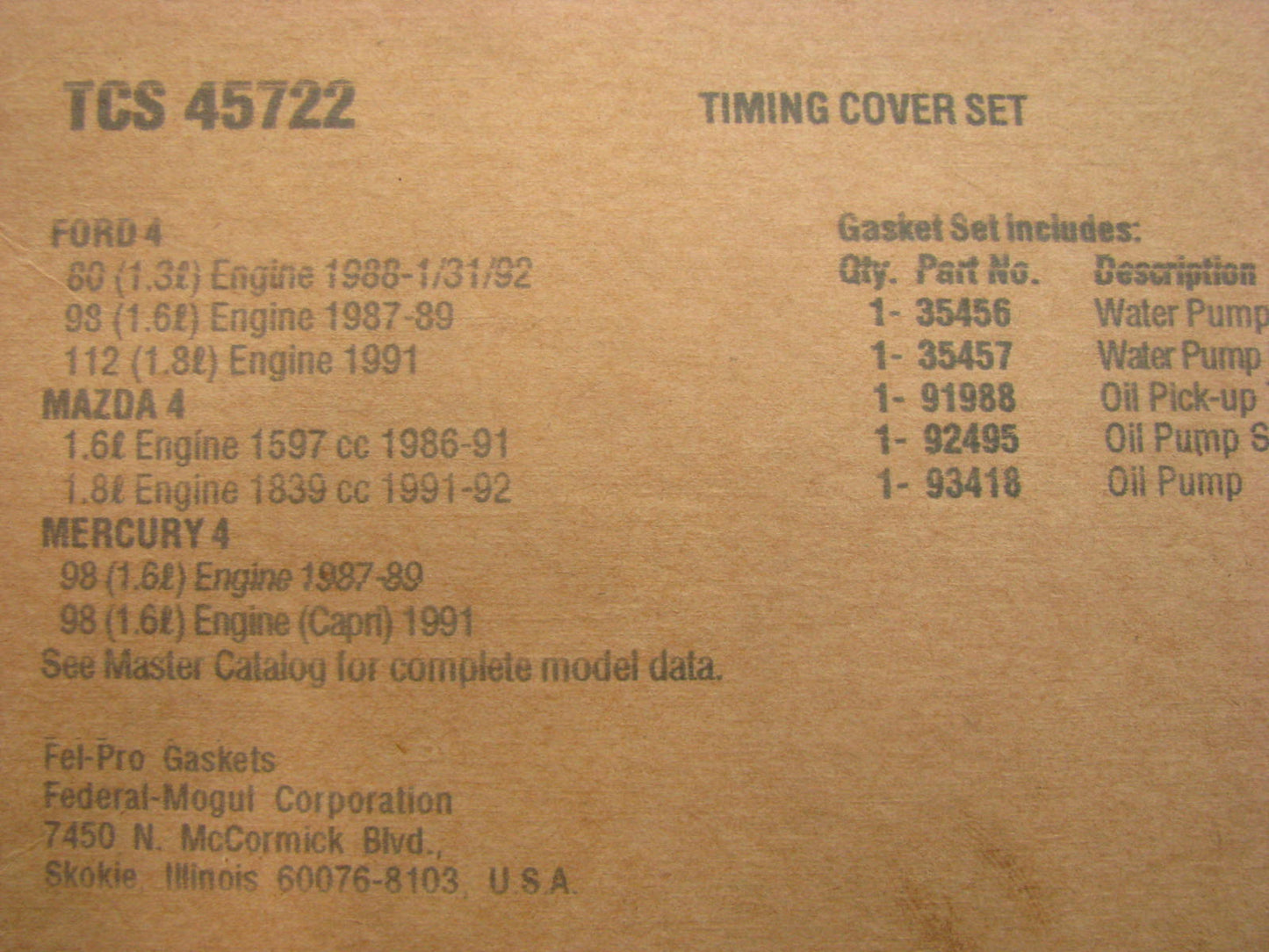 Fel-Pro TCS45722 FRONT Engine Crankshaft Seal Kit 86-92 Ford Mazda 1.3 1.6L 1.8L