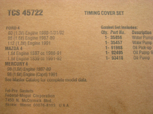 Fel-Pro TCS45722 FRONT Engine Crankshaft Seal Kit 86-92 Ford Mazda 1.3 1.6L 1.8L