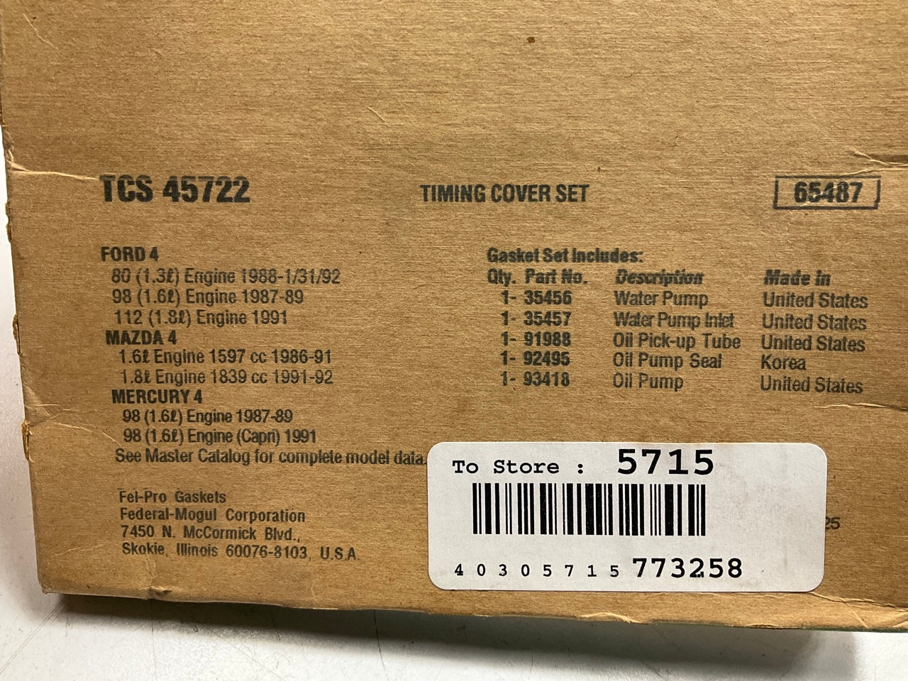 Fel-Pro TCS45722 FRONT Engine Crankshaft Seal Kit 86-92 Ford Mazda 1.3 1.6L 1.8L