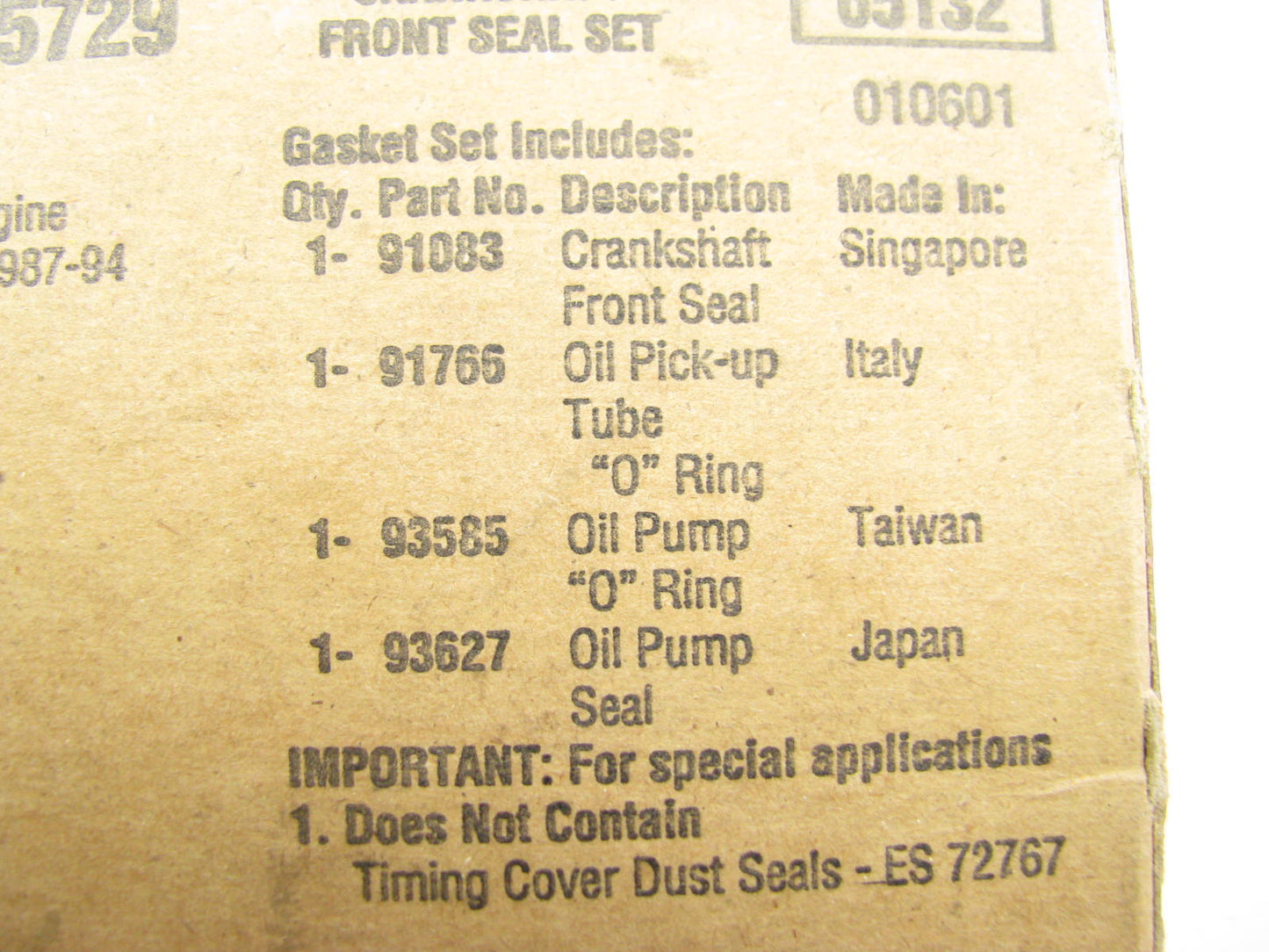 Fel-pro TCS45729 FRONT Crankshaft Seal Set 87-96 Toyota Tercel, 92-96 Paseo 1.5L