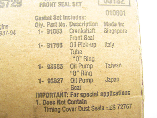 Fel-pro TCS45729 FRONT Crankshaft Seal Set 87-96 Toyota Tercel, 92-96 Paseo 1.5L
