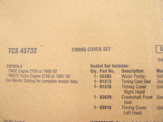 Fel-pro TCS45732 Timing Cover Gasket Set for 1986-1992 Toyota 3.0L 6 Cylinder