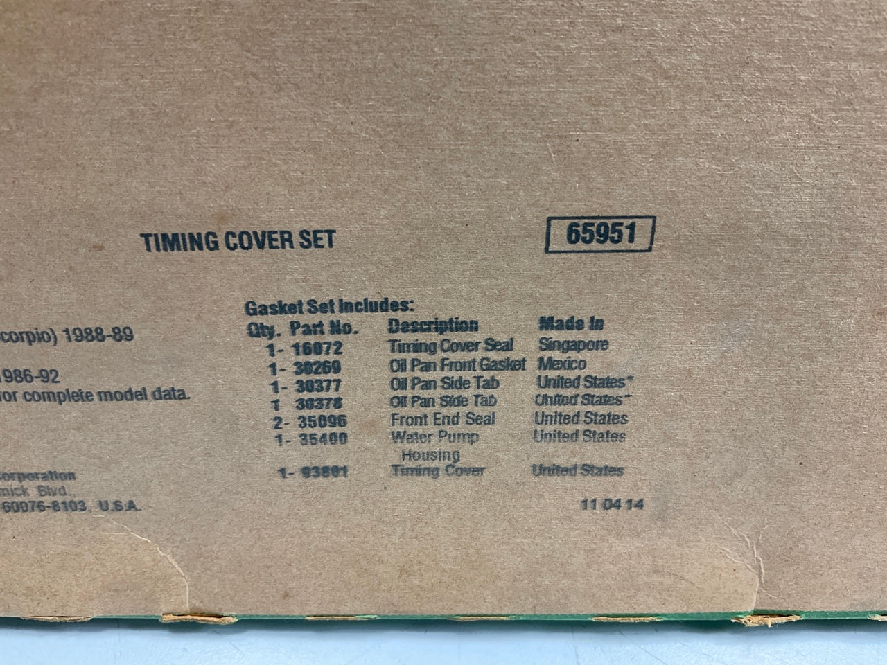 Fel-pro TCS45791 Engine Timing Cover Gasket Set For 1986-1992 Ford 2.9L-V6
