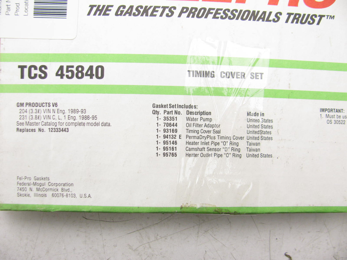 FEL-PRO TCS45840 Timing Cover Gasket Set For 88-95 Buick Oldsmobile 3.3L 3.8L V6