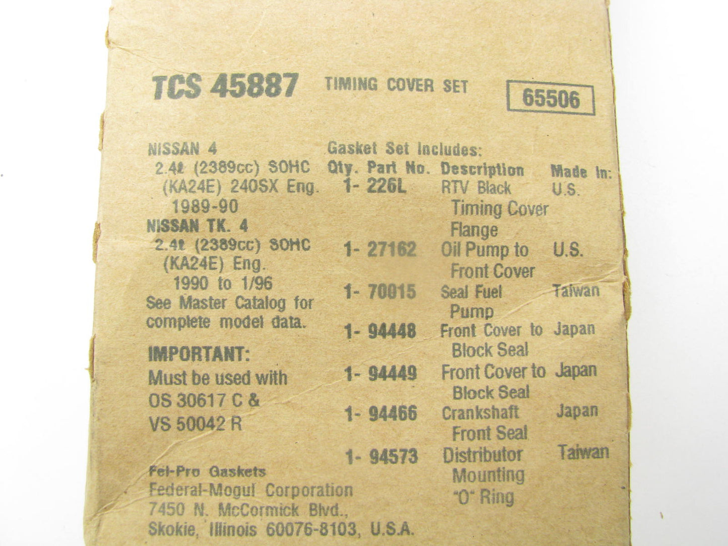 Fel-pro TCS45887 Engine Timing Cover Gasket Set OEM For 1989-2001 Nissan 2.4L