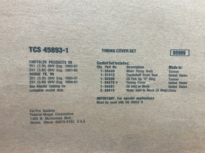 Fel-Pro TCS45893-1 Engine Timing Cover Gasket Set For 1990-2001 Dodge 3.3L 3.8L