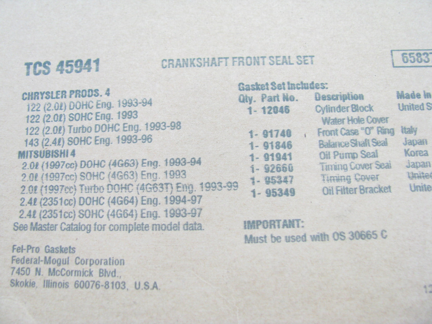 Fel-Pro TCS45941 FRONT Engine Crankshaft Seal Kit