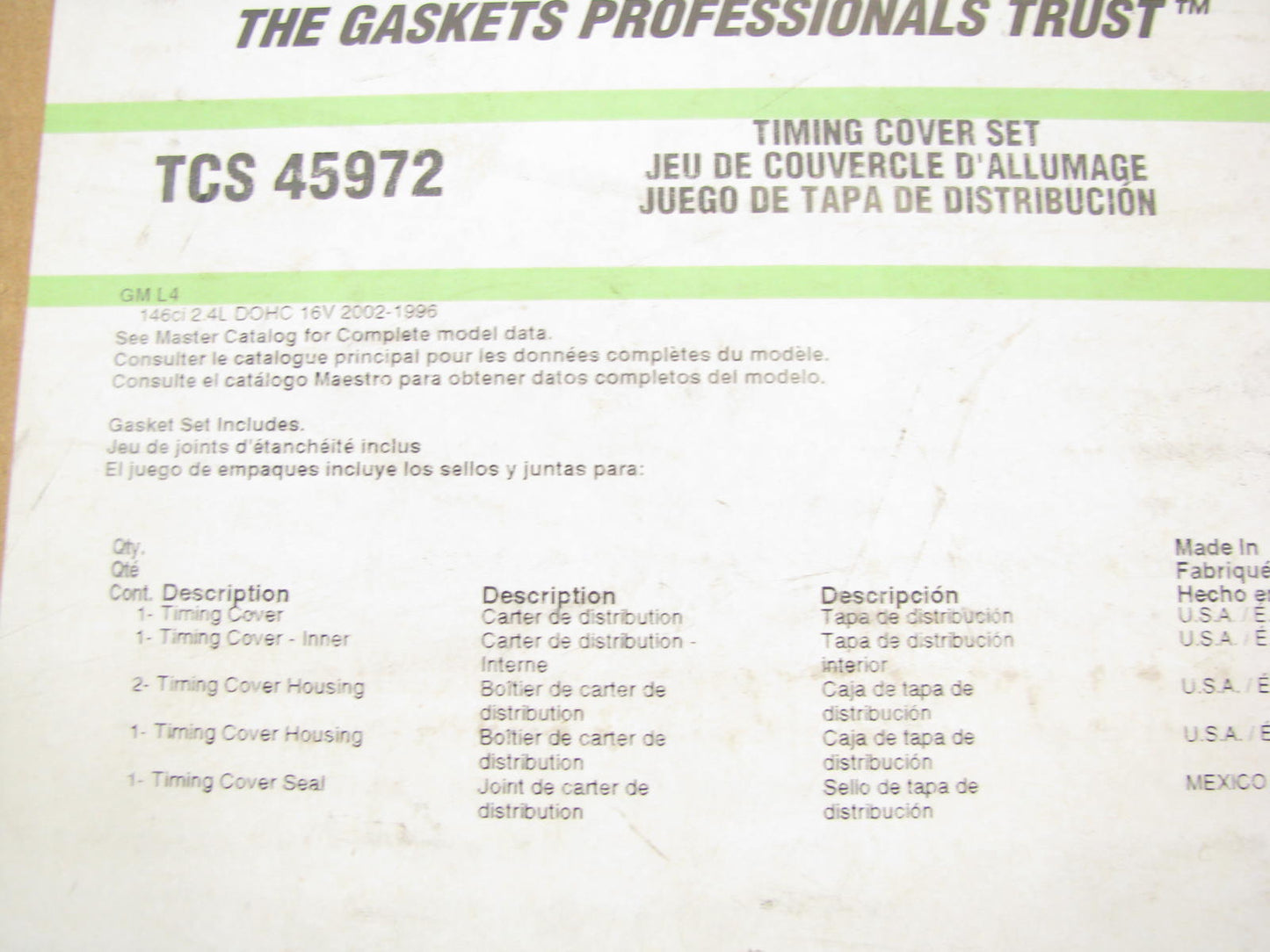 Fel-pro TCS45972-TYPE2 Timing Cover Gasket Set 1996-2002 Chevrolet Pontiac 2.4L