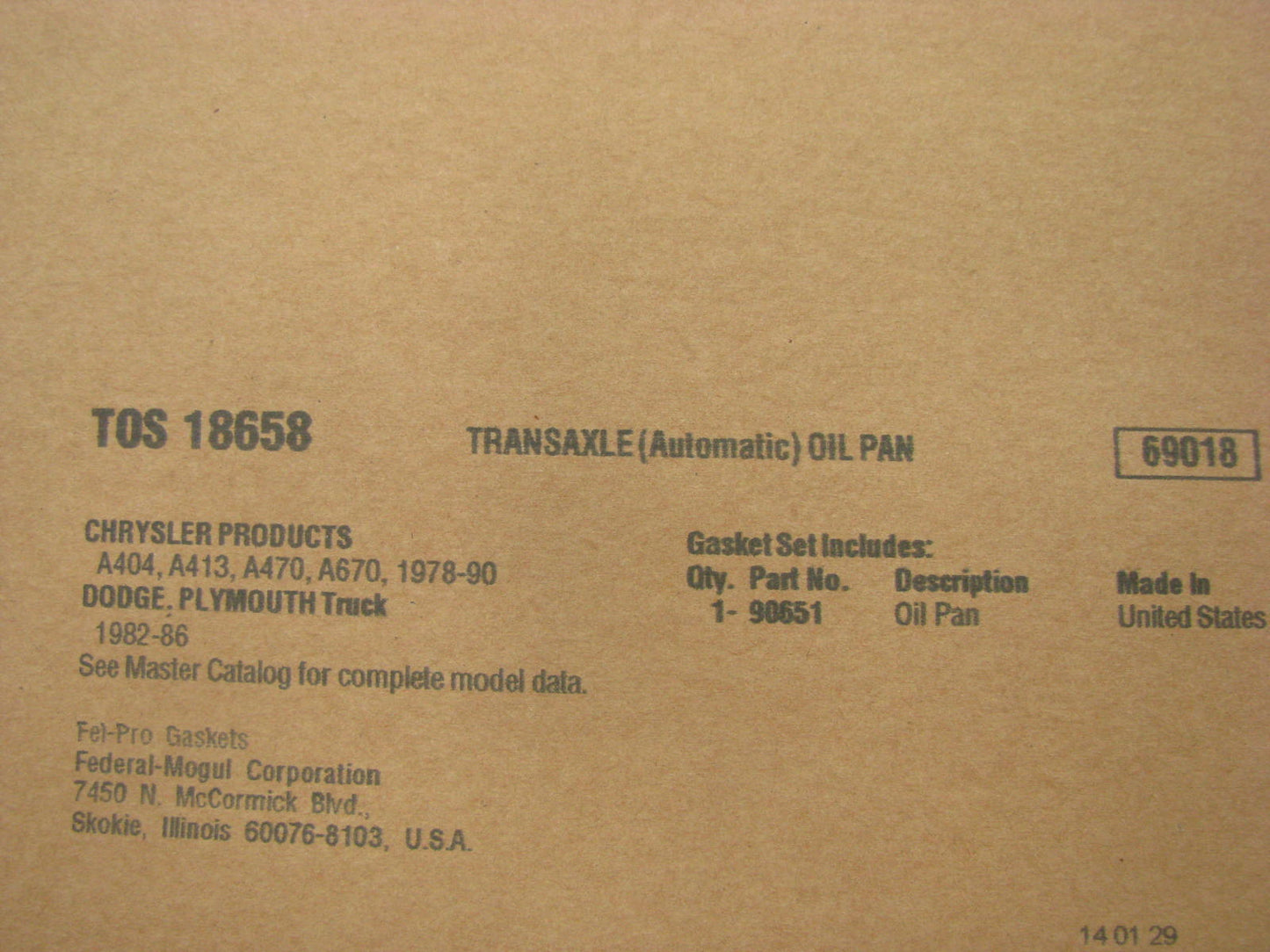 Fel-Pro TOS18658 Auto Trans Oil Pan Gasket For Chrysler A404 A413 A470 A670
