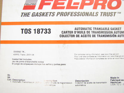 Fel-Pro TOS18733 Automatic Transmission Oil Pan Gasket For 2001-2004 Dodge 45RFE