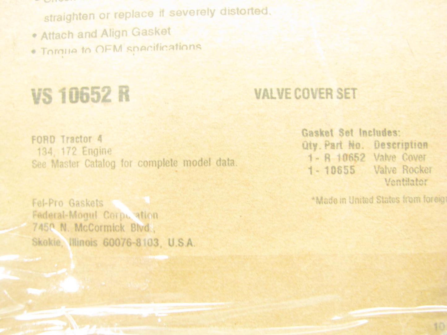 Fel-pro VS10652R Valve Cover Gasket - 1953-1967 Ford Industrial Tractor 134 172