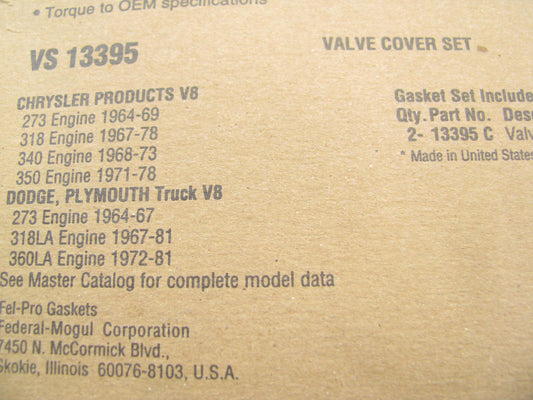 Fel-Pro VS13395 Valve Cover Gasket Set For 1964-78 Chrysler 273 318 340 350 V8