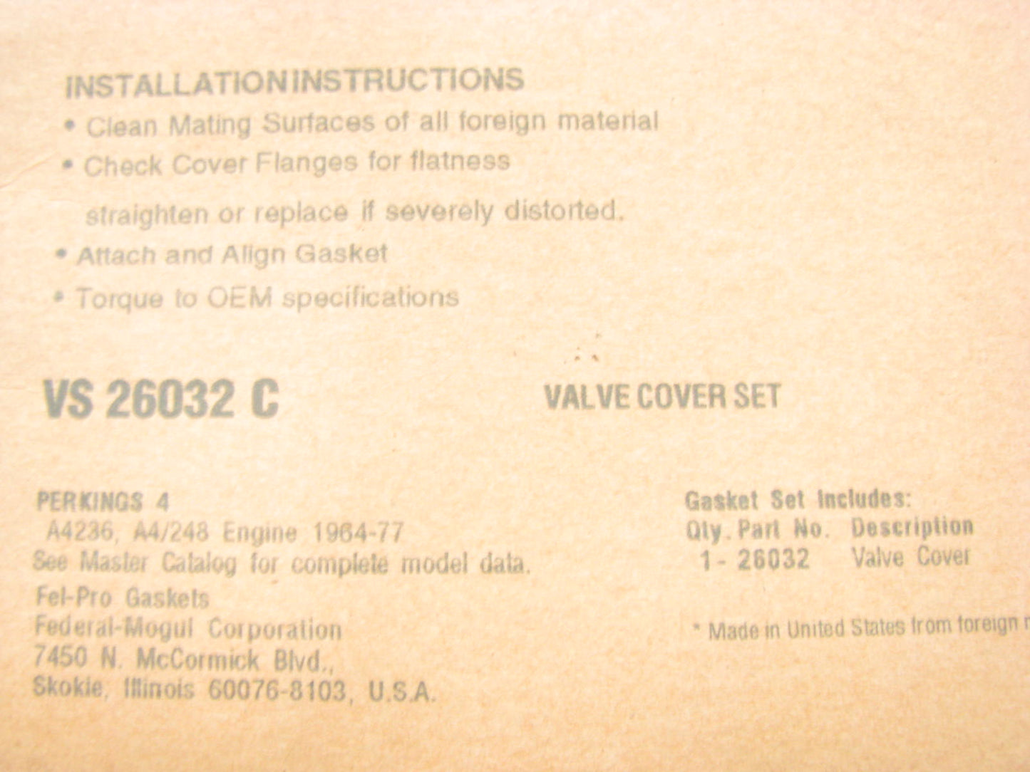 Fel-pro VS26032C Valve Cover Gasket Onan Perkins Tractor Loader