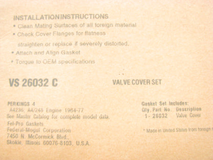 Fel-pro VS26032C Valve Cover Gasket Onan Perkins Tractor Loader
