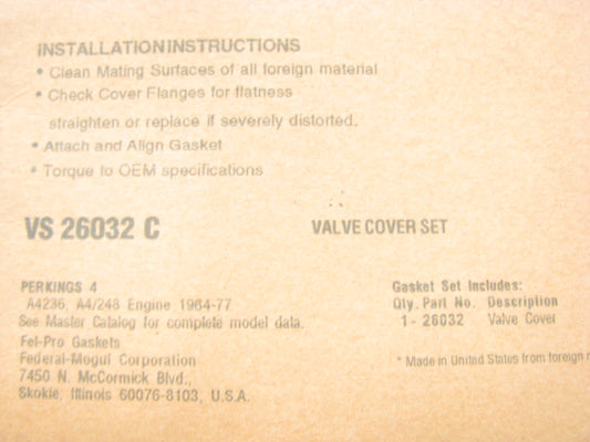 Fel-pro VS26032C Valve Cover Gasket Onan Perkins Tractor Loader