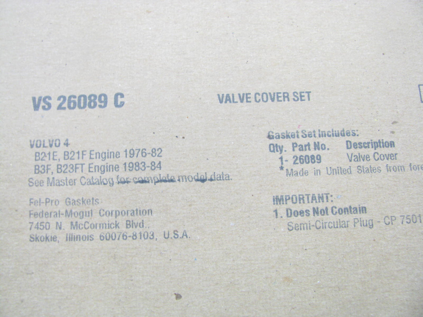 FEL-PRO VS26089C Engine Valve Cover Gasket - 1976-1985 Volvo 2.1L 2.3L