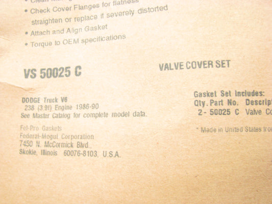 Fel-pro VS50025C Engine Valve Cover Gasket Set For 87-90 Dodge 3.9L V6 OHV- CORK