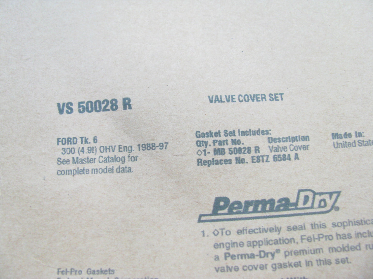 Fel-Pro VS50028R Valve Cover Gasket For 1988-96 Ford TRUCK 300 4.9L I6