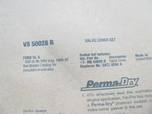 Fel-Pro VS50028R Valve Cover Gasket For 1988-96 Ford TRUCK 300 4.9L I6