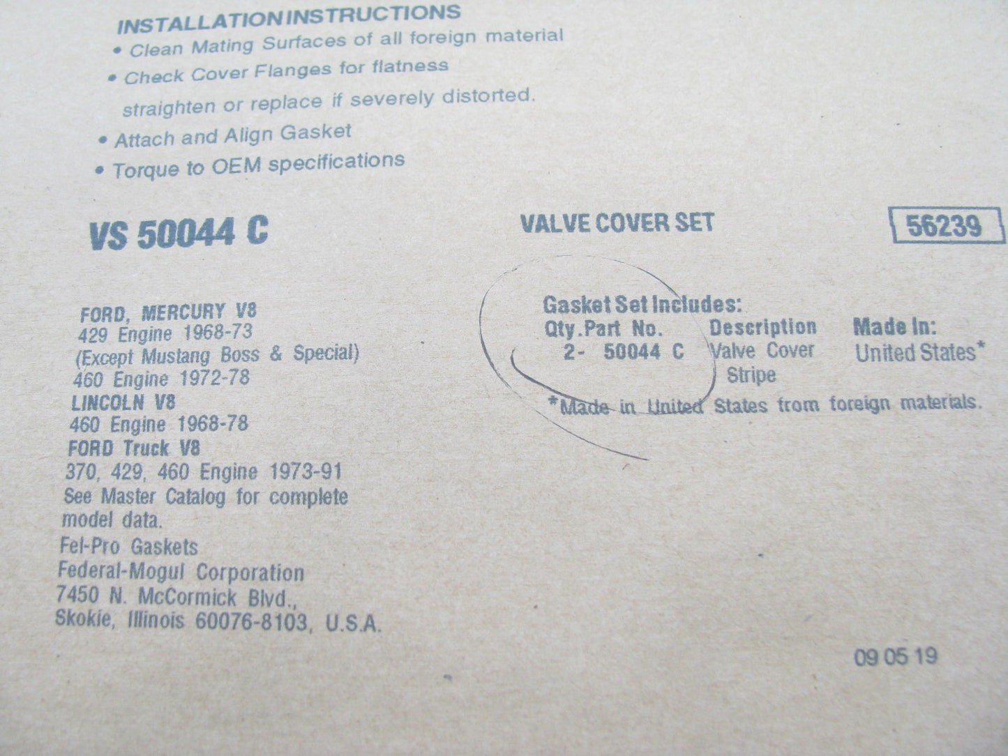 Fel-pro VS50044C Engine Valve Cover Gasket Set - BIG BLOCK FORD 429 460 V8