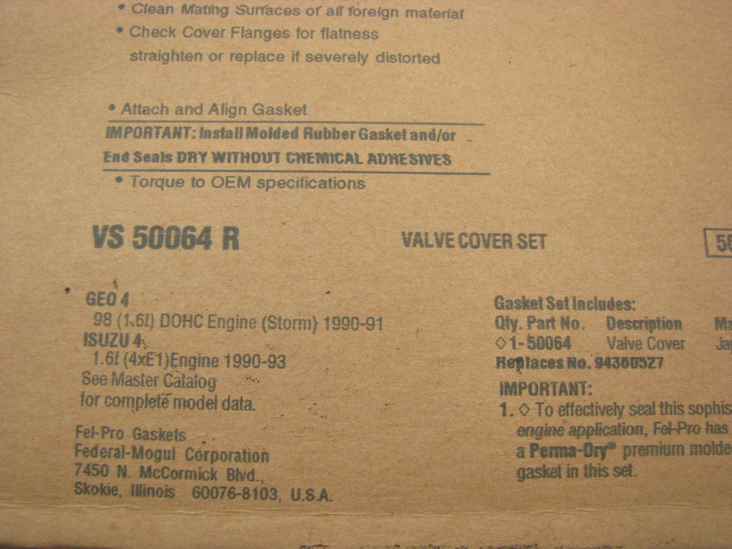 Fel-Pro VS50064R Valve Cover Gasket 1989-93 Isuzu Geo 1.6L 1.8L DOHC