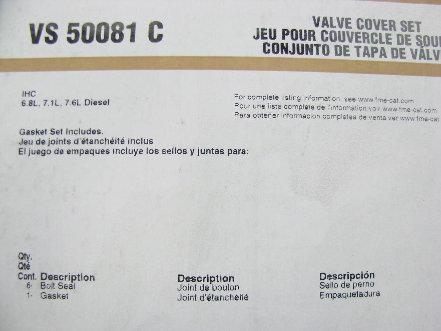Fel-pro VS50081C Valve Cover Gasket Set 84-94 IHC 6.8L 7.1L 7.6L-L6 6-466 Diesel