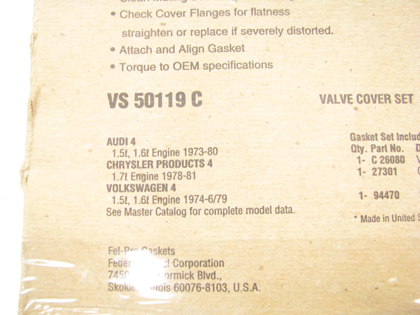Fel-pro VS50119C Valve Cover Gasket Set For 1973-1981 VW Audi 1.5L 1.6L 1.7L