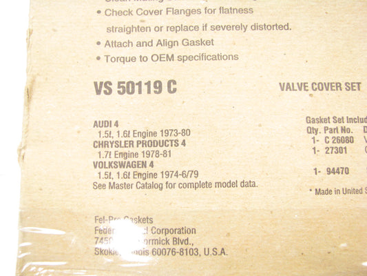 Fel-pro VS50119C Valve Cover Gasket Set For 1973-1981 VW Audi 1.5L 1.6L 1.7L