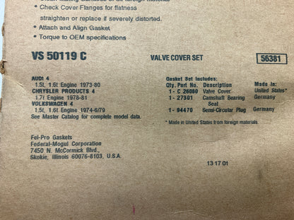 Fel-pro VS50119C Valve Cover Gasket Set For 1973-1981 VW Audi 1.5L 1.6L 1.7L