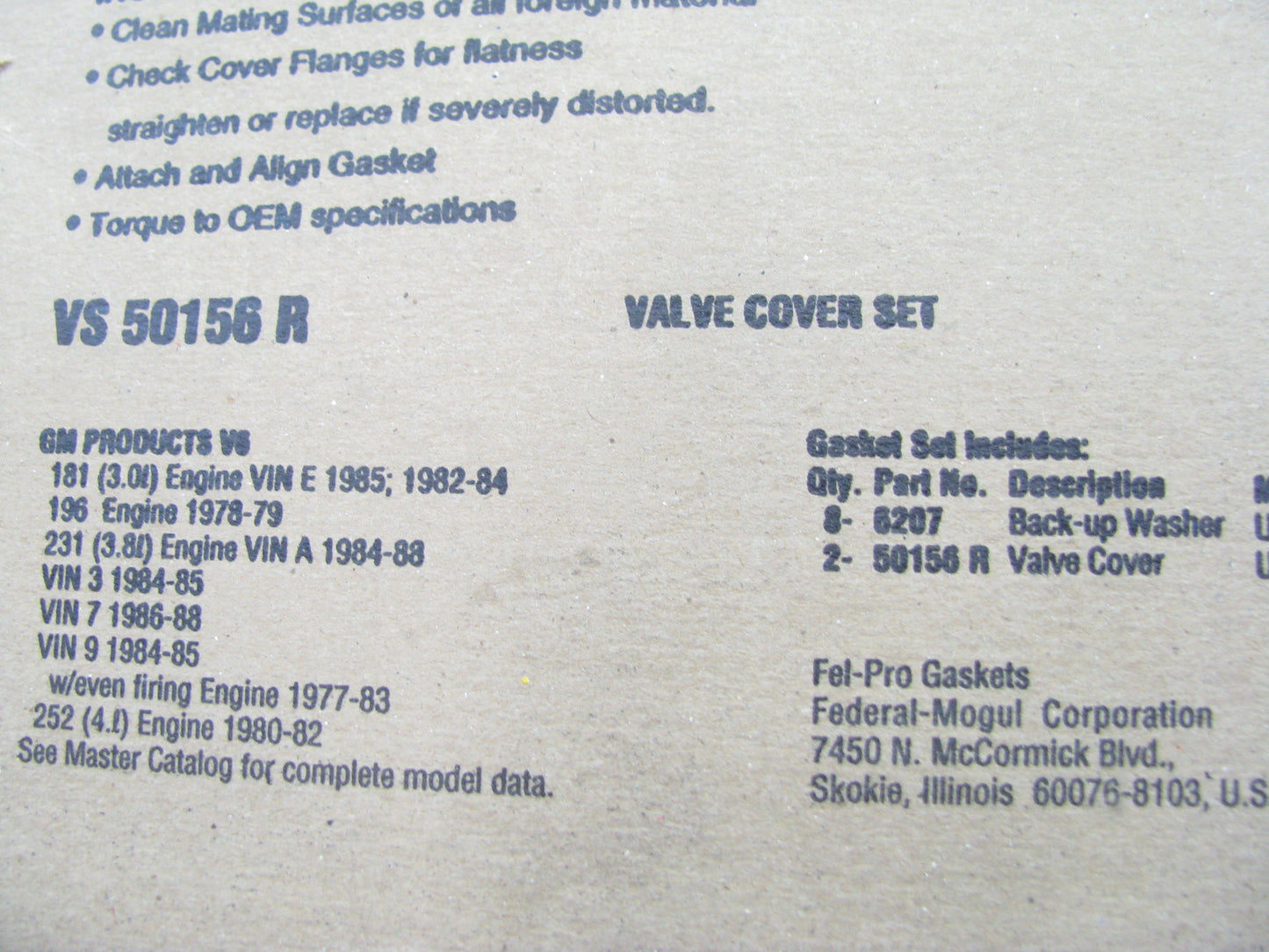 Fel-Pro VS50156R Valve Cover Gasket Set  - 1977-1987 Buick Olds Pontiac 3.8L V6