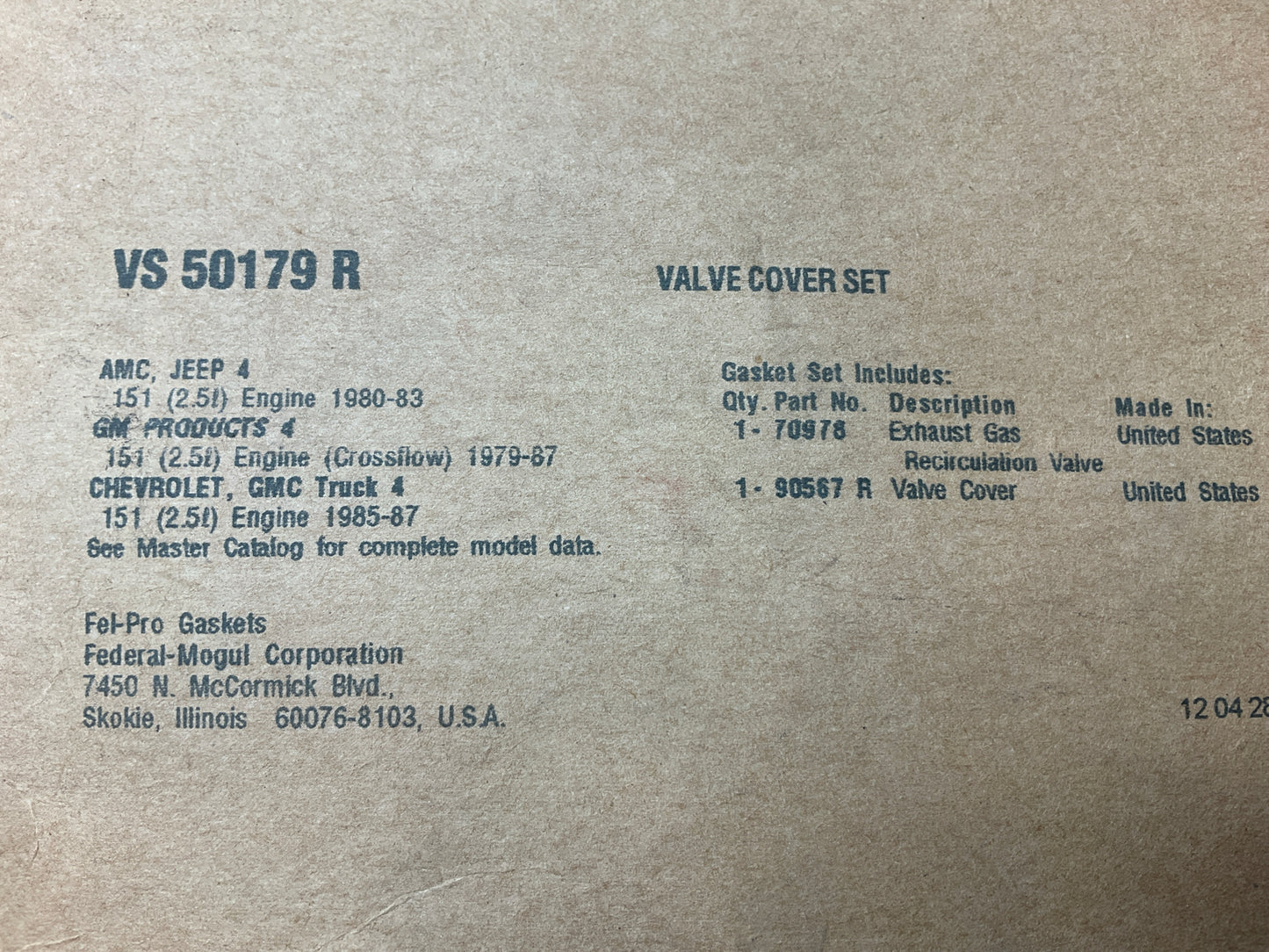 Fel-Pro VS50179R Valve Cover Gasket 1979-1987 GM 2.5L 151 CI