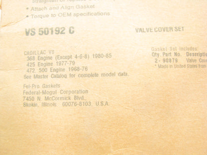 Fel-pro VS50192C Engine Valve Cover Gasket Set For 1968-1974 Cadillac 472 500 V8